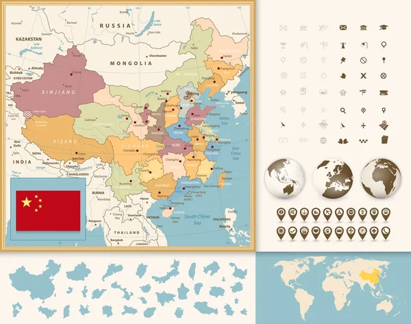 Κίνα χάρτη με το εικονίδιο που πλοήγησης. Εκλεκτής ποιότητας χρώματα — Διανυσματικό Αρχείο