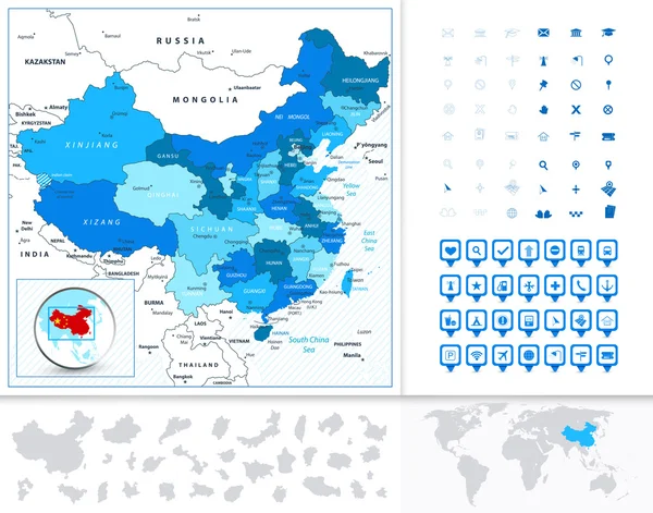 China kaart in de kleuren blauw met navigatie icon set — Stockvector
