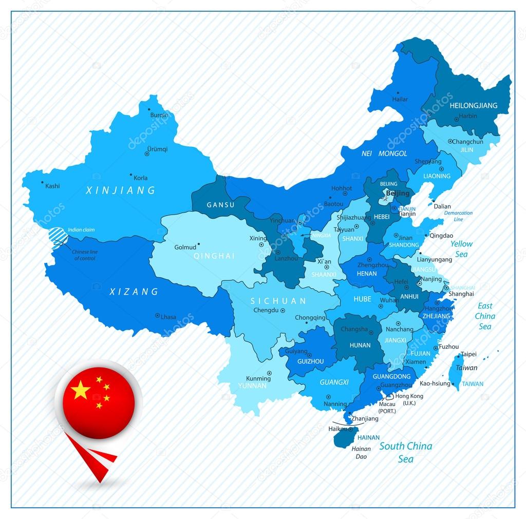 Highly detailed political map of China in colors of blue Stock Vector