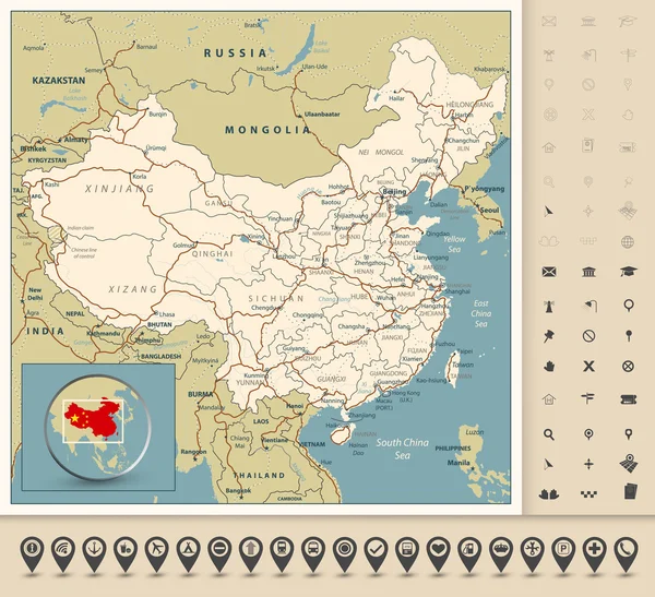 Hoja de ruta altamente detallada de China con carreteras, ferrocarriles, ríos — Archivo Imágenes Vectoriales