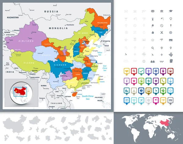 China Mapa político e mapa ponteiros —  Vetores de Stock