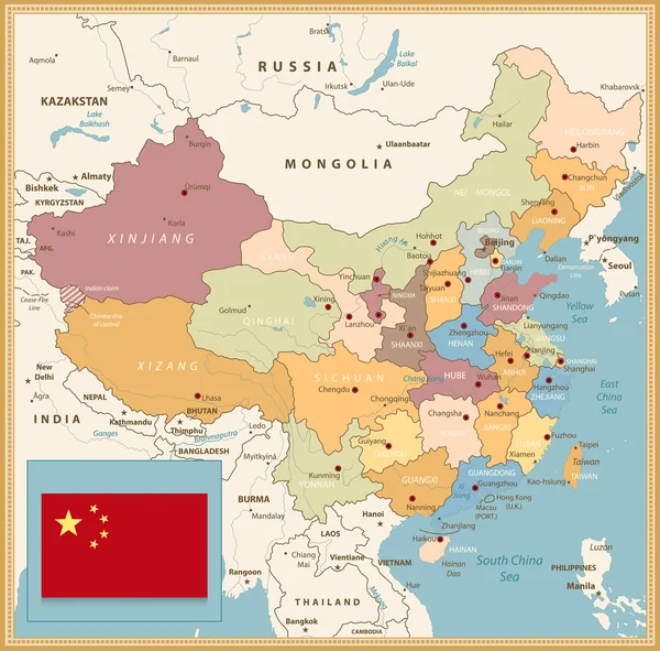China kaart Retro kleuren — Stockvector