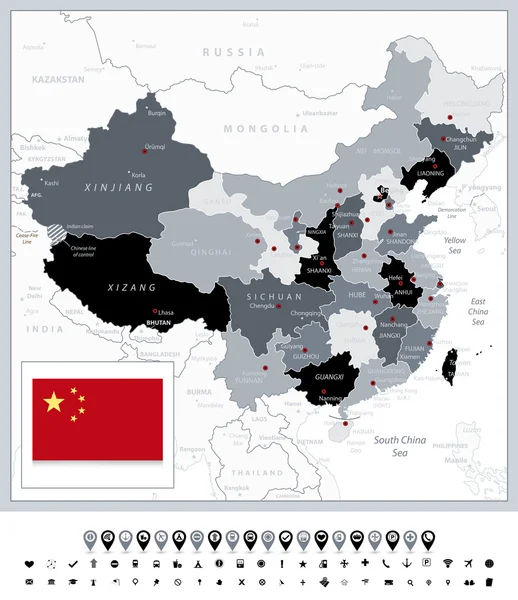 Χάρτη σε κλίμακα του γκρι των εικονιδίων Κίνα και πλοήγησης — Διανυσματικό Αρχείο