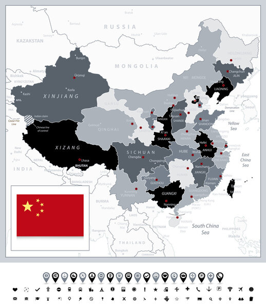 Grayscale map of China and navigation icons