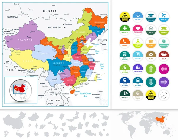 Politická mapa Číny a ploché ikony Set — Stockový vektor