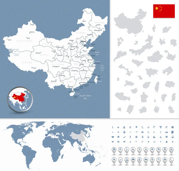 中国非常に詳細な地図と世界地図ナビゲーション セット — ストックベクタ