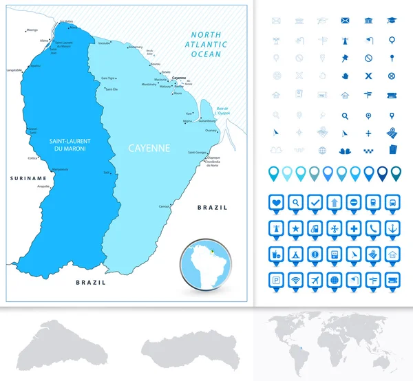 Mapa de Guayana Francesa en colores de azul con el icono de navegación conjunto — Vector de stock