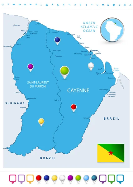 Mapa de Guayana Francesa con mapa punteros — Archivo Imágenes Vectoriales