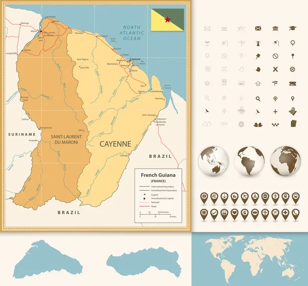 Mappa della Guiana Francese con Set Icone di Navigazione — Vettoriale Stock