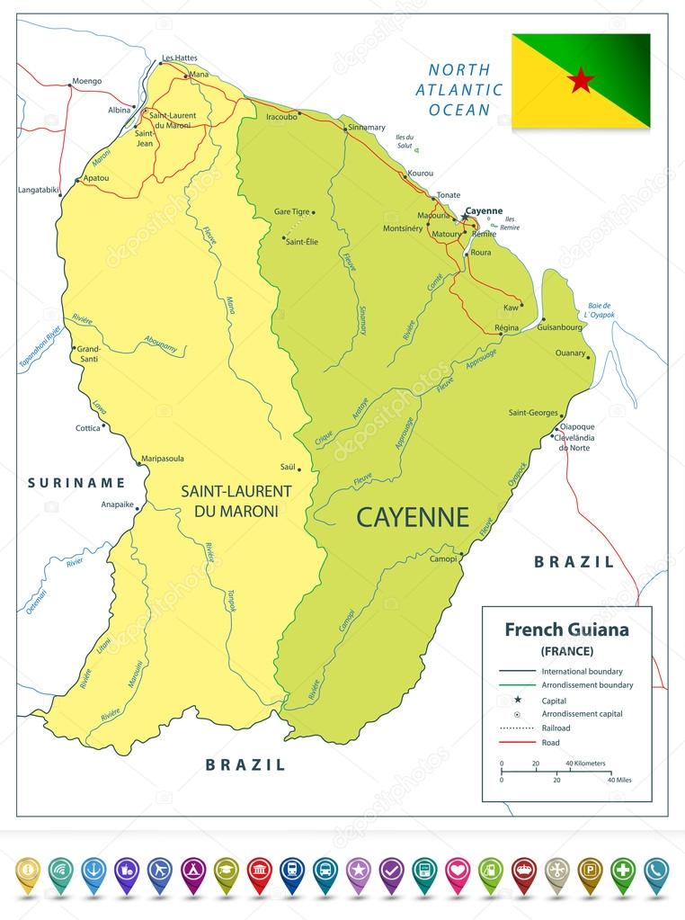 francuska mapa Gujana Francuska Mapa polityczna i wskaźniki Mapa — Grafika  francuska mapa