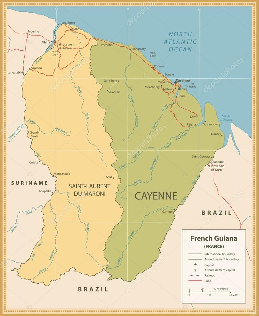 Colore Vintage Mappa Di Guyana Francese Con Strade E Fiumi