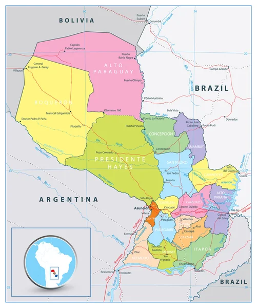 Szczegółowa mapa polityczna droga Paragwaju — Wektor stockowy