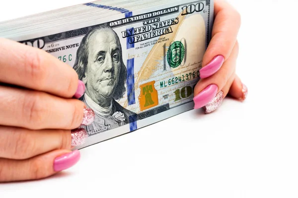 Stack Money Dollars Woman Hand Isolated White Closeup — Stock Photo, Image