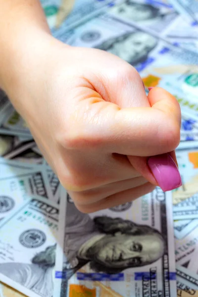 Womans Hand Shows Fig Money Background — Stock Photo, Image