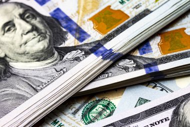 Para geçmişi. Amerikan Doları. ABD para biriminin soyut yeni tasarımı 100 dolarlık banknotlar.