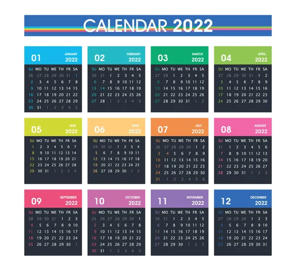 2022 Simple Calendar Colorful Design Week Starts Sunday Isolated White — Stock Vector
