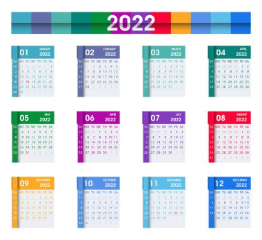 2022 Takvim Düz Tasarımı. Takvim Yaprakları. Beyazda izole edilmiş. Hafta pazar günü başlıyor. İş vektörü illüstrasyonu.