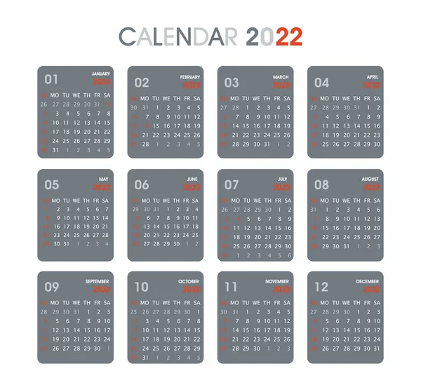 2022 Diseño Calendario Rojo Gris Las Semanas Comienzan Domingo Aislado — Vector de stock