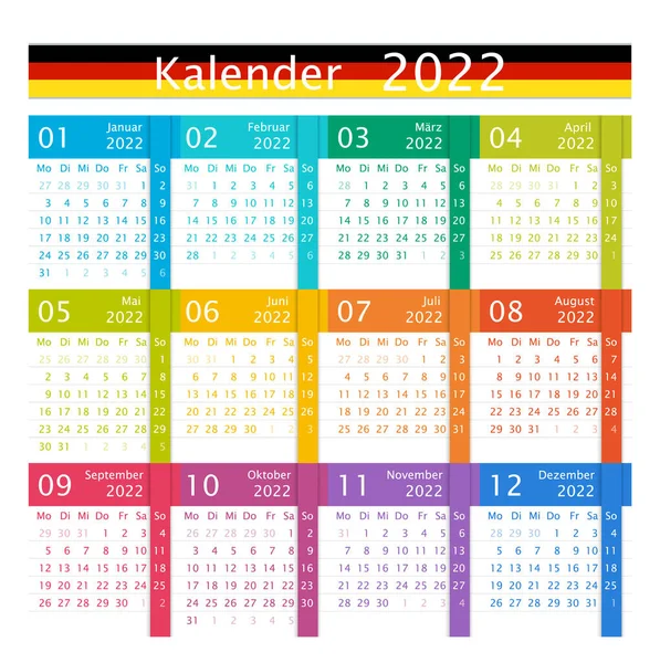 Tysk Kalender För 2022 Färgglada Flat Design Kalenderblad Isolerad Vitt — Stock vektor