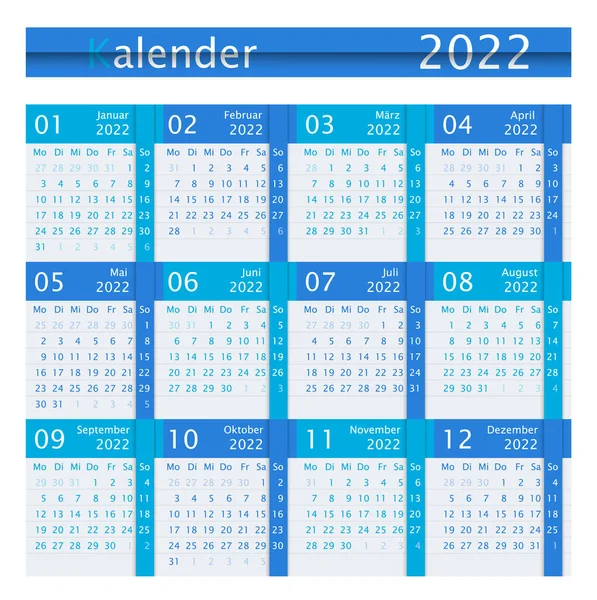 Tysk Kalender För 2022 Platt Design Blå Färger Kalenderblad Isolerad — Stock vektor