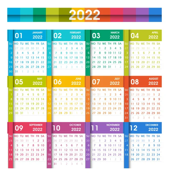 Färgglada Kalender För 2022 Kalender Platt Design Kalenderblad Isolerad Vitt — Stock vektor