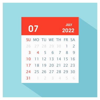 Temmuz 2022 - Takvim Simgesi - Takvim tasarım şablonu - İş vektörü illüstrasyonu.