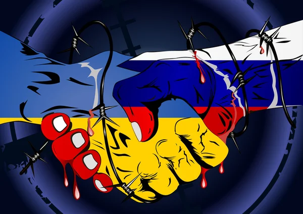 Barbed wire handshaking Ukraine VS Russia. Ukrainian-russian con — Stock Vector