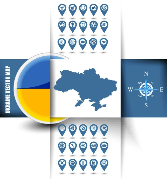 Carte de l'Ukraine avec icônes GPS et drapeau arrondi de l'Ukraine — Image vectorielle