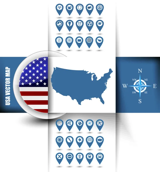 EUA mapa contorno com ícones GPS e arredondado bandeira dos EUA — Vetor de Stock