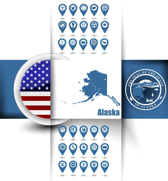 U.S. state of Alaska map contours with GPS icons, USA flag icon — Stock Vector