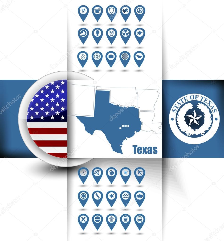 U.S. state of Texas map contours with GPS icons, USA flag icon a