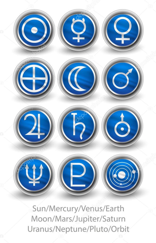 Set of rounded icons for the planets, sun and moon with Venus, M