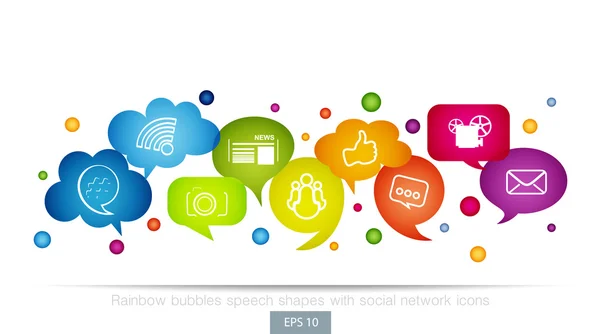 Burbujas de arco iris formas de voz con iconos de redes sociales 2 — Archivo Imágenes Vectoriales
