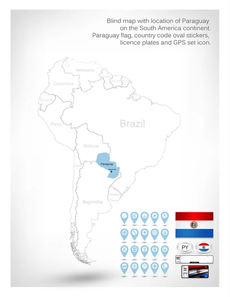 Carte aveugle avec emplacement du Paraguay — Image vectorielle