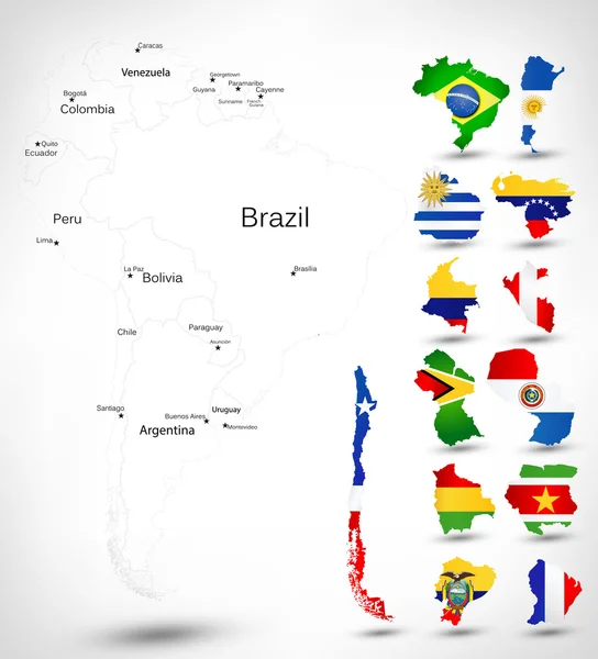 Mapa da América do Sul com bandeiras de países —  Vetores de Stock