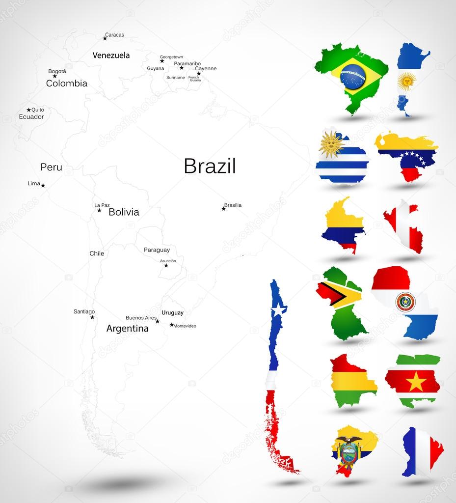 South America map with countries flags
