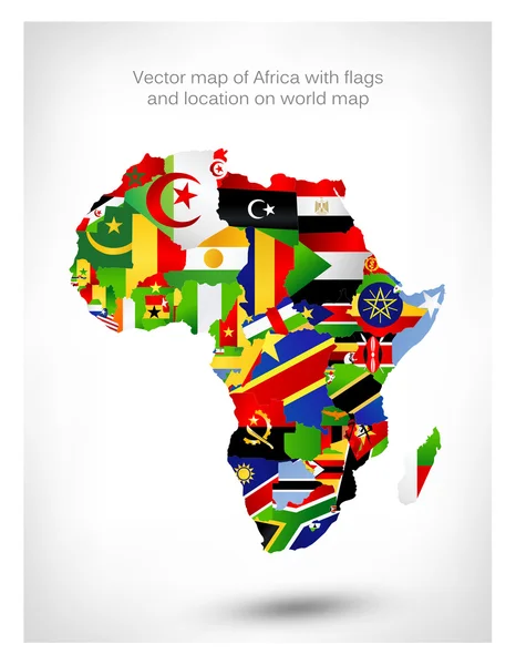 Mapa vectorial de África con banderas y ubicación en el mapa del mundo — Vector de stock