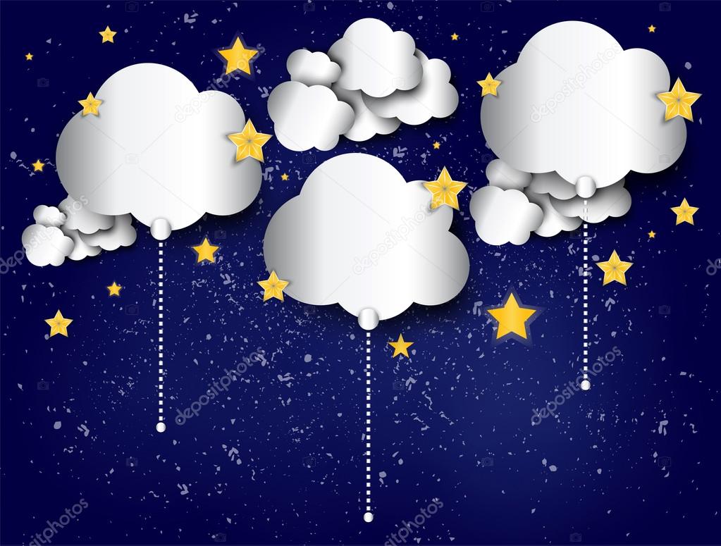 Paper cloud balloons on the night starry sky abstract background