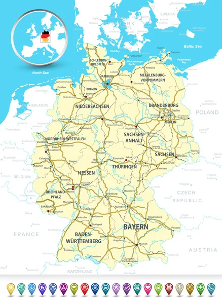 Részletes Térkép Németország egy 3D-s buborék Gps markerek — Stock Vector
