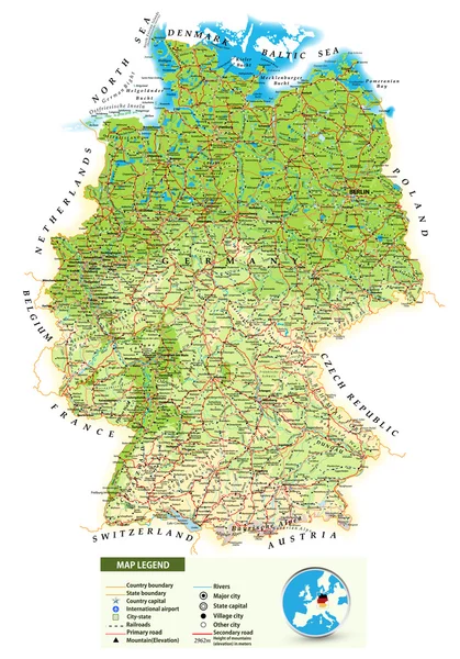 Grote gedetailleerde fysieke kaart van Duitsland — Stockvector