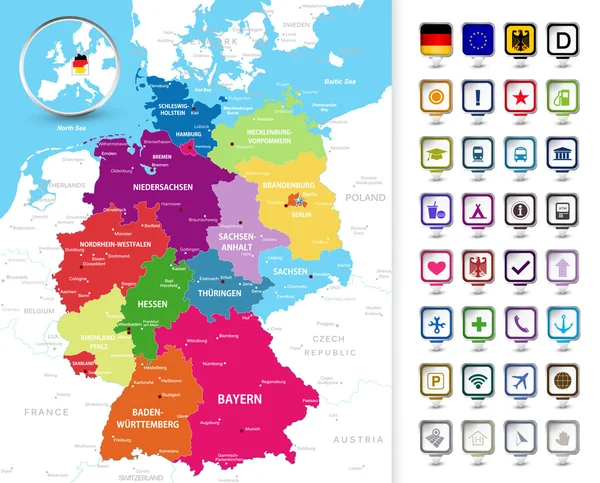 Political map of Germany with a 3D pin pointers — Stock Vector