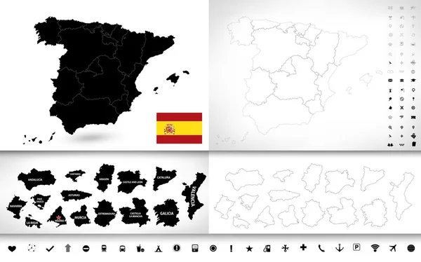 Mapa ciego a color negro de España — Vector de stock