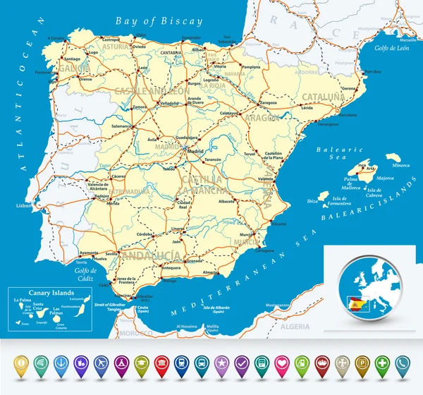 Mapa detalhado de Espanha com ícones de bolha — Vetor de Stock