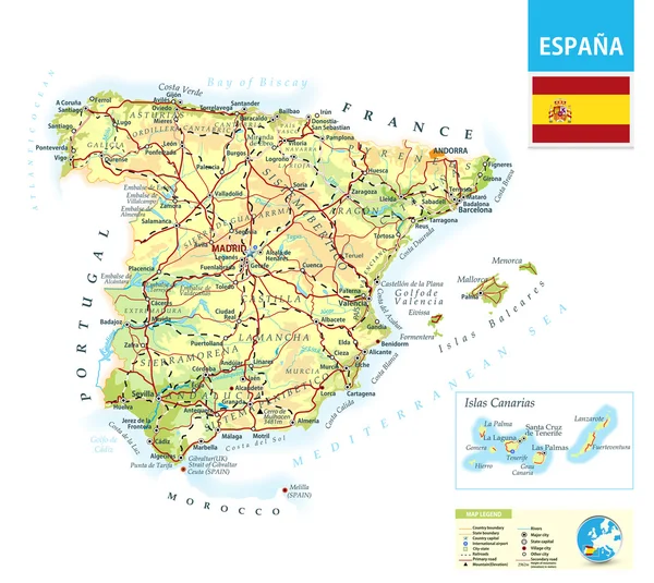 Mapa físico detalhado de Espanha — Vetor de Stock