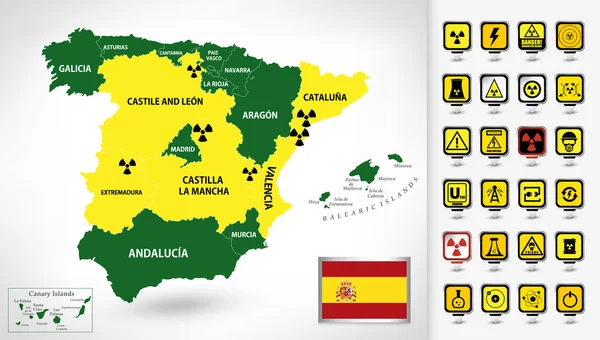 Planta Nuclear mapa de España con punteros 3D — Vector de stock