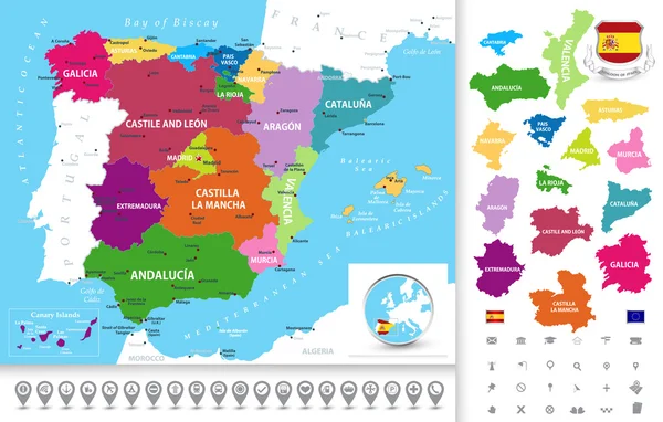 Politische Landkarte Spaniens mit Sammlung von Navigationssymbolen — Stockvektor