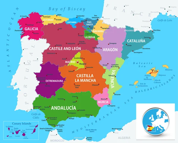 Mapa político da Espanha — Vetor de Stock