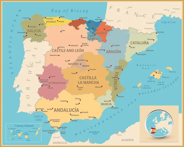 Mapa da cor vintage de Espanha — Vetor de Stock