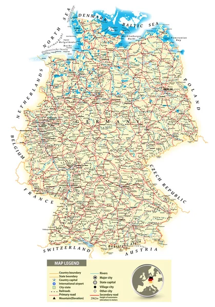 Gran hoja de ruta detallada de Alemania — Vector de stock