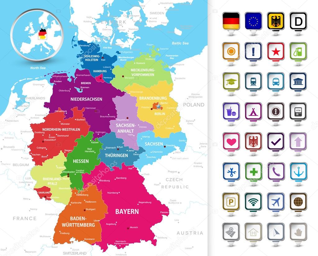 Political map of Germany with a 3D pin pointers